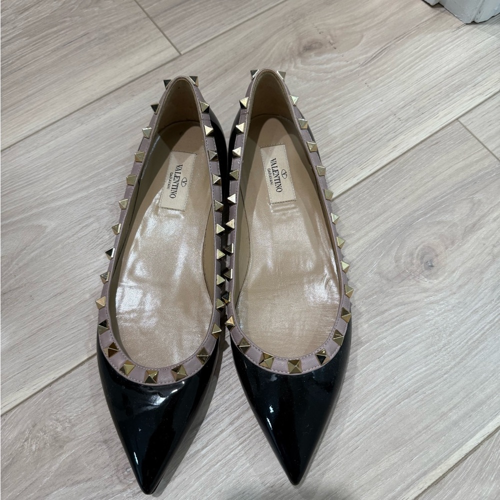 Valentino Black Patent Leather Flats with Gold Studs